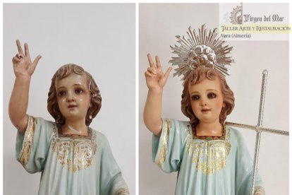 Detalle de la restauración del Niño Dios de Alhama de Almería.