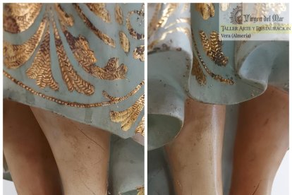 Detalle de la restauración del Niño Dios de Alhama de Almería.