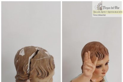 Detalle de la restauración del Niño Dios de Alhama de Almería.