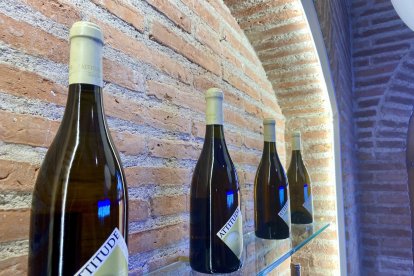 Imagen de los algunos de los vinos de la casa colocados en una vitrina.