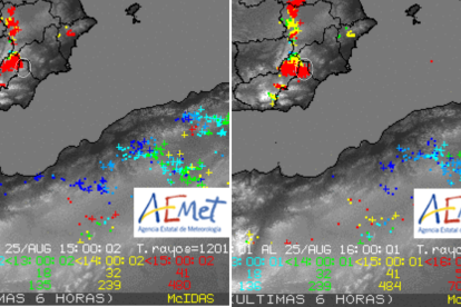 Rayos sobre las provincias de Almería y Granada, en una imagen de Aemet.