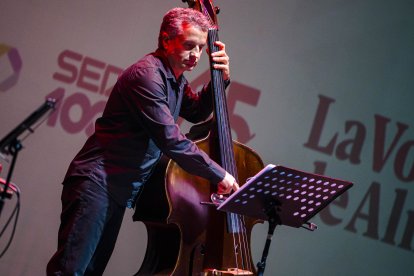 Contrabajista durante la actuación musical de la noche.