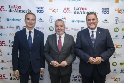 Amós García, delegado de Empleo; Pedro M. de la Cruz, director de LA VOZ; y Francisco Alonso, delegado de Desarrollo Educativo y FP, posan en el photocall de los XIII Premios Andarax.