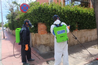 Desinfectando el barrio de Ciudad Jardín.