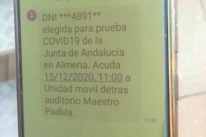 SMS recibido por una almeriense citada para el test.