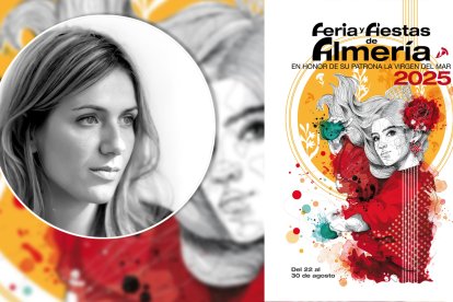 El cartel de la Feria de Almería 2025 y su creadora, Mar Gregorio.