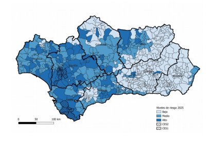 Mapa de riesgo en Andalucía por el virus del Nilo.