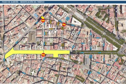 Mapa del reparto del tráfico en el Paseo de Almería con las obras