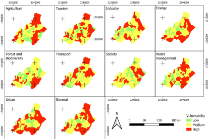 Mapas de vulnerabilidad de cada sector y valores medios de todos los sectores en cada municipio de la provincia de Almería.