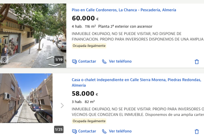 Algunas de las viviendas okupadas que se venden en Almería.