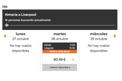 Precio de un vuelo de Almería a Liverpool para mañana, 28 de octubre