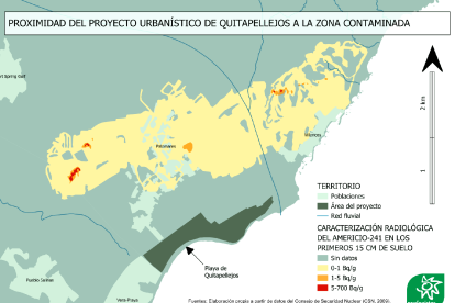 Almería Plano de la relación espacial entre la playa, el proyecto y la caracterización radiológica más reciente de la capa superficial del suelo (casi 15 años atrás).
