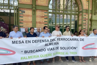 Los almerienses se concentran en una convocatoria de la Mesa del Ferrocarril frente a la estación para pedir mejoras en el servicio.