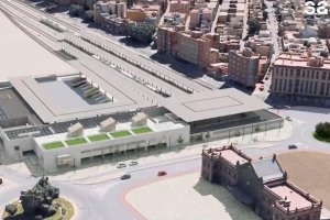 Vista aérea de la futura estación del ferrocarril para la llegada del AVE en la que se ve el nuevo viario desde la rotonda Manuel Fraga hasta la calle La Marina