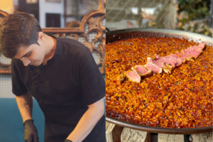 Manolo Sánchez, chef almeriense a domicilio, y una de sus paellas