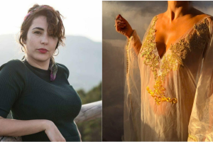 A la izquierda, Cecilia García. A la derecha, uno de sus caftanes con plástico de invernadero.