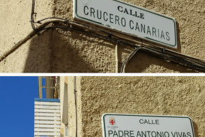 Rótulo de calle Crucero Canarias en el Tagarete y el que lo sustituye dedicado al Padre Antonio Vivas.