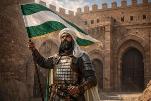 El estandarte verde y blanco fue documentado por el poeta almeriense en 1051, bajo el reinado de Al-Mutasim..
