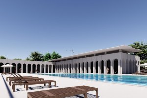 La piscina de agua del mar con estética romana.