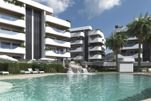 Las zonas comunes de Aurum incorporan piscina tipo playa, cascada integrada y espacios pensados para disfrutar del exterior todo el año.