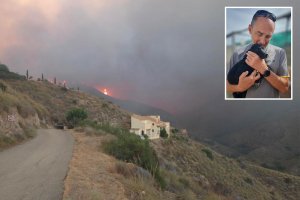 Stanislas, con su perro, a la derecha; sobre estas líneas, la última foto que le envió a su familia antes de que el fuego acabara con su vida en el incendio de Los Gallardos y Bédar.