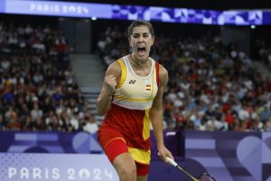 Carolina Marín durante un partido en las Olimpiadas.