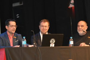 Inauguración con?Alberto Cerezuela, Javier Sierra y Óscar Fábrega.