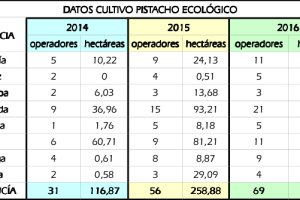 Datos de cultivo de pistacho ecológico por año y provincia en Andalucía
