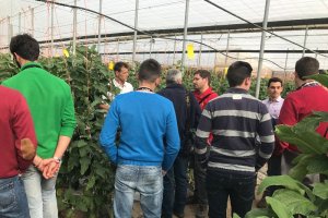 Estudiantes onubenses visitando una finca de un agricultor almeriense.