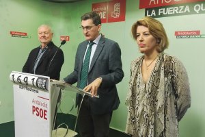 Rueda de prensa ayer en la sede del PSOE.