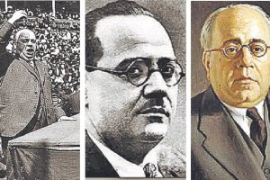 Indalecio Prieto, ministro de Defensa Nacional, en un mitin (a la izquierda); Juan Negrín, presidente del gobierno republicano (en el centro), y Manu