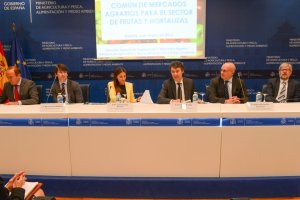 Mesa de la jornada sobre la OCM con José Manuel Fernández Archilla, Manuel Simón, María José Hernández, Fernando Miranda, Luis Angulo y João Onofre A