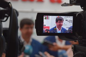 Juan Marín, portavoz autonómico de Ciudadanos, durante una intervención ante la prensa en Almería.