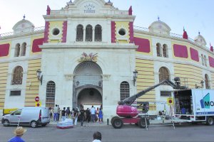 Rodaje de Domino el pasado lunes en la Plaza de Toros de Almería.