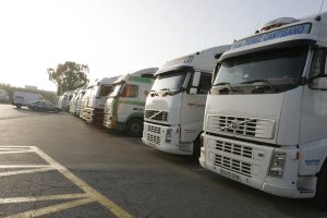 Flota de camiones almerienses estacionados en una cooperativa hortofrutícola almeriense.