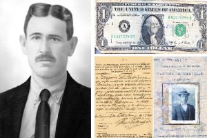 Gregorio Gil en uno de los retratos que se hizo en América. A la derecha: el primer dólar que ganó en San Francisco y el carnet de emigrante.