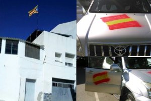 Bandera estelada en una casa de Armuña y pintadas en el coche del dueño.