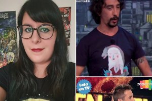 Paula García luciendo una de sus creaciones, inspirada en ET y los personajes de Snoopy. A la derecha, dos de sus diseños vistos en TV.