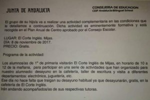 La carta del CEIP Andalicía anunciando la excursión a El Corte Inglés. / TWITTER