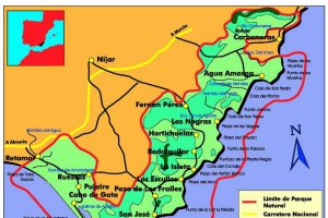 Mapa de la zona que ocupa el Parque Natural de Cabo de Gata-Níjar.