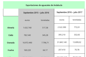 Datos del cultivo de aguacate en Andalucía por provincias. Fuente: Consejería de Agricultura, Pesca y Desarrollo Rural de la Junta de Andalucía.