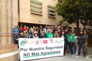 Profesores concentrándose a las puertas del Instituto Fuente Nueva de El Ejido en repulsa a la agresión.