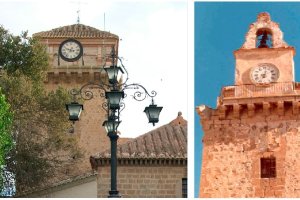 Comparativa del estado actual de la torre de la Iglesia (izquierda) y su imagen con la espadaña antes de ser retirada (derecha).