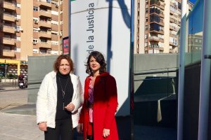 Mari Carmen Pérez, parlamentaria de IU y María Jesús Amate, coordinadora provincia, hoy, a las puertas de la Ciudad de la Justicia en Almería.