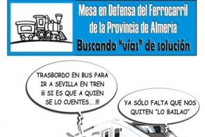 Viñeta que preside el cartel anunciador del viaje reivindicativo de la Mesa del Ferrocarril hasta Sevilla.