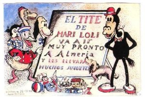 Tarjeta Postal  artesanal y dibujada y enviada por Juan  Antonio López González a su hija en 1938