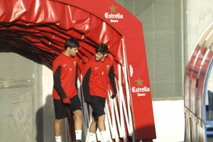 Antonio Marín y José Ángel Pozo en el entrenamiento de hoy.