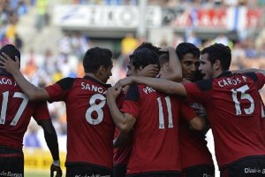Celebración de un gol del Mirandés.