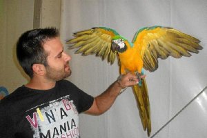 Manuel Bolea asistió a la Caseta Municipal Infantil acompañado de su guacamayo Curro.