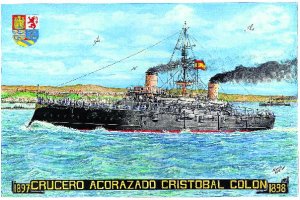 Acuarela con La Alcazaba de fondo sobre el paso del `Cristóbal Colón´ por el litoral almeriense